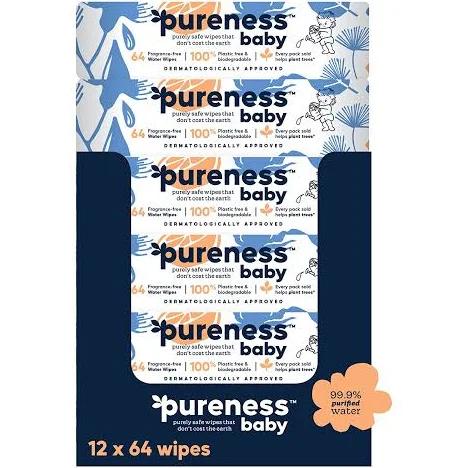 Pureness Baby Biodegradable Plastic Free Sensitive and Newborn Skin Mega Value Wipes, Pack of 12, 768 Wipes
