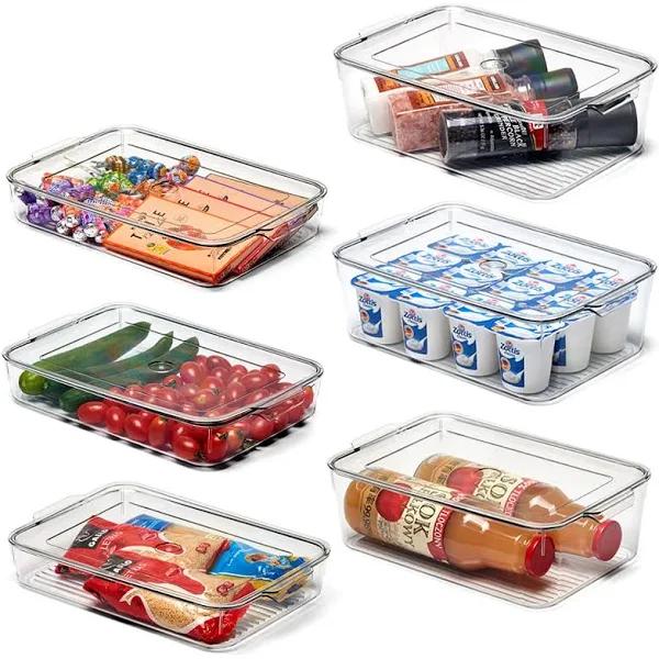 EZOWare Clear Plastic Stackable Refrigerator Bins, 6 Pack Food Storage Containers Box with Lid, Organisers for Kitchen Fridge, Freezer, Vegetables,