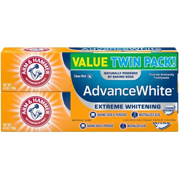 Arm & Hammer Advance White Extreme Whitening Baking Soda and Peroxide Toothpaste, 6 Ounce, Twin Pack