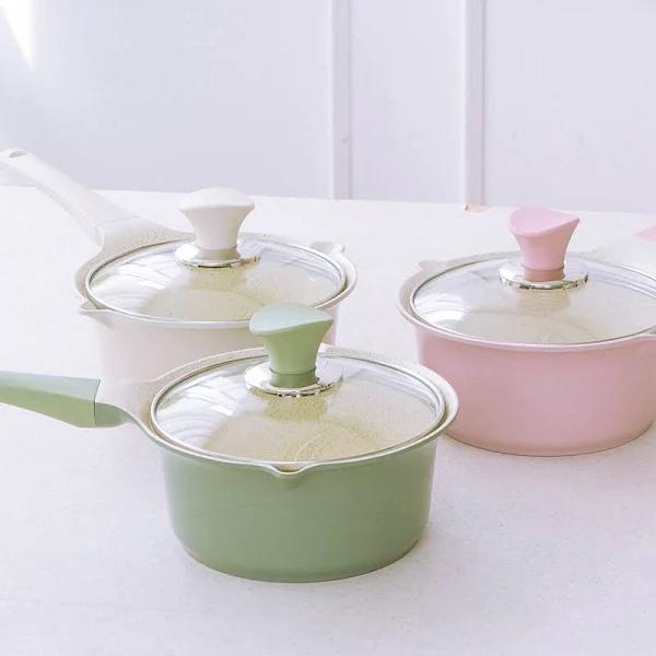 Happy Lambs 16cm Ivory Sauce Pot Frying Pan w/ A Lid Set Non Stick Stone Induction Ih Frypan