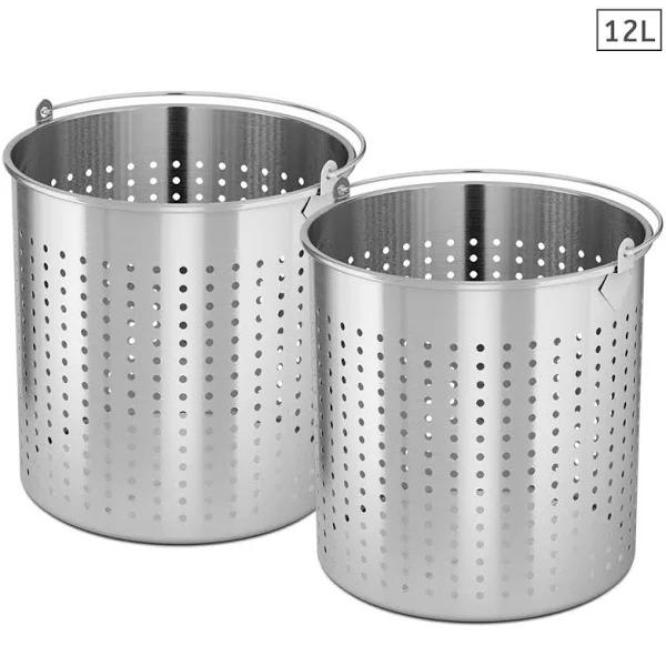 SOGA 2x 12L 18/10 Stainless Steel Perforated Stockpot Basket Pasta Strainer With Handle