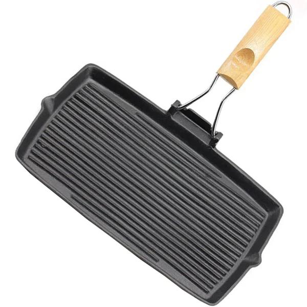 SOGA 20.5cm Rectangular Cast Iron Griddle Grill Frying Pan with Folding Wooden Handle