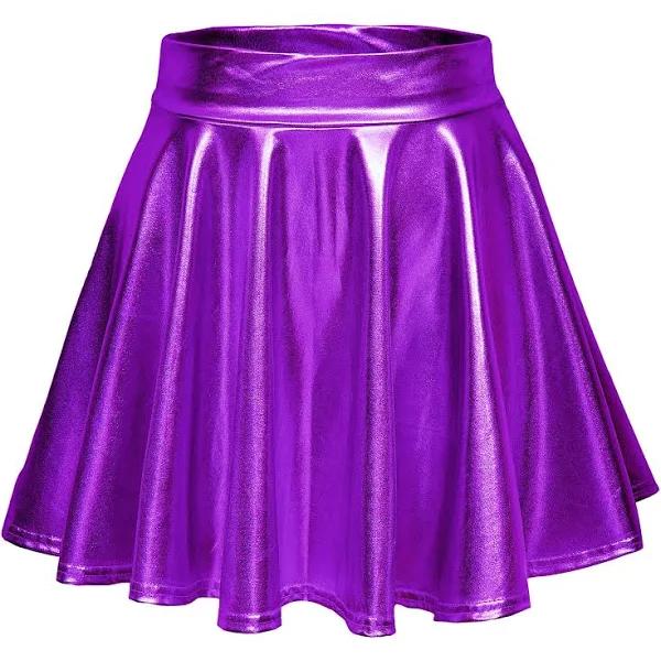 EXCHIC Women's Shiny Metallic Wet Look Stretchy Flared Mini Skater Skirt