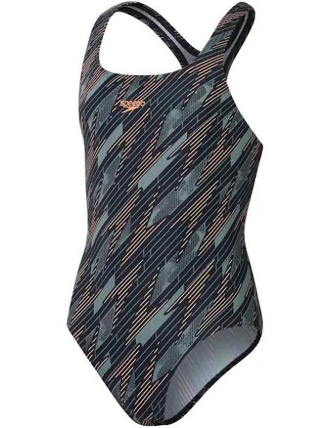 Speedo Girls Hyperboom Allover Medalist Swimsuit - Black / Country Green / Nectarine