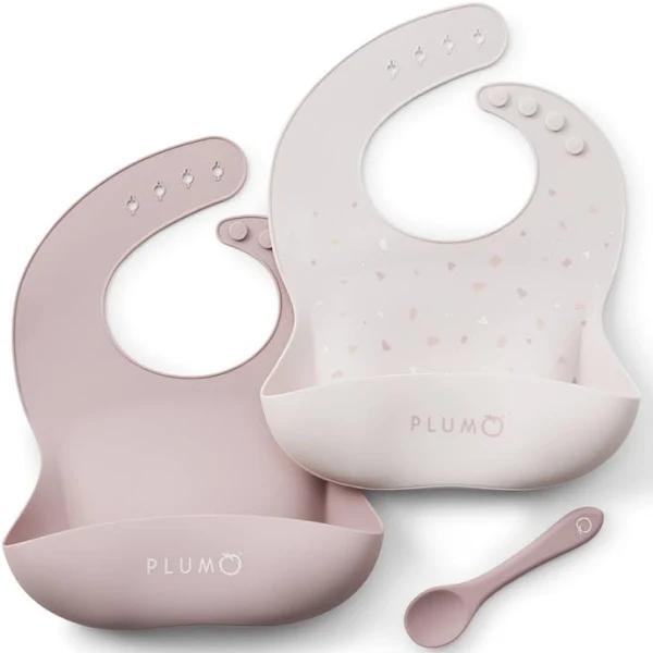 Plum Silicone Bibs and Spoon Set 3pc Berry/Blush Pink