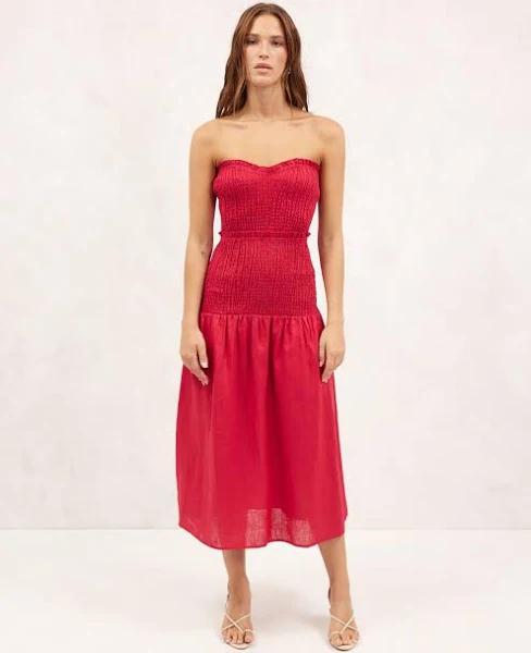 AERE - Women's Red Midi Dresses - Frill Sweetheart Neckline Midi Dress - Size 12 at The Iconic