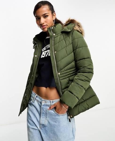 New Look Puffer Jacket with Faux Fur Hood in khaki-Green