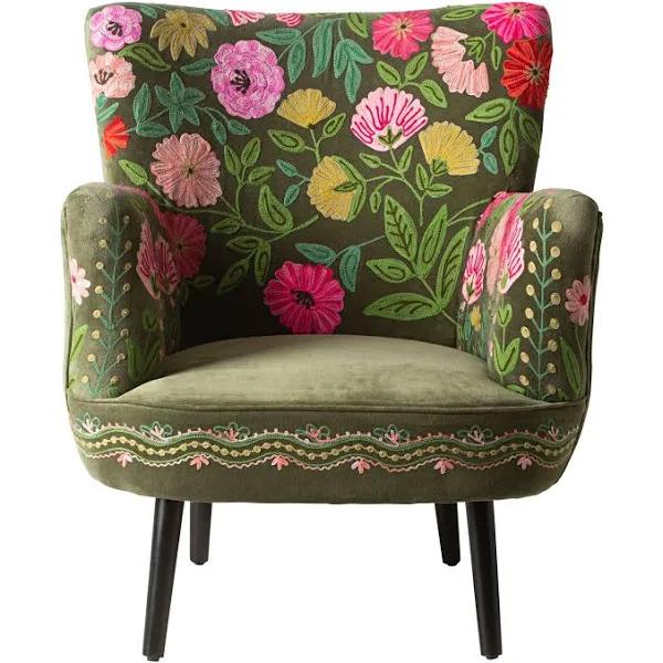 Floral Burst Embroidered Armchair Olive Green | Olive Green Base With Multi-Coloured Embroidery | Upholstery | Early Settler Furniture