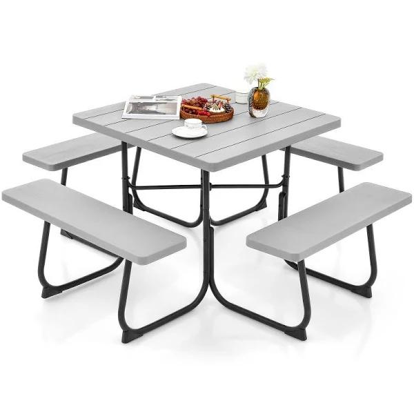 Costway 8-Person Square Picnic Table Bench Set Outdoor All Weather Dining Table w/Umbrella Hole Restaurant Backyard Patio,Grey