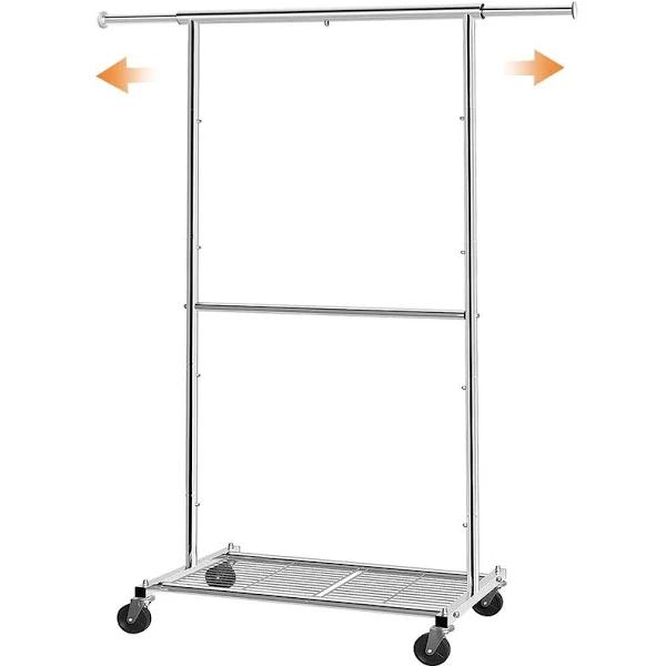 Simple Trending Standard Clothing Garment Rack, Rolling Clothes Organizer with Wheels and Bottom Shelves, Extendable, Chrome