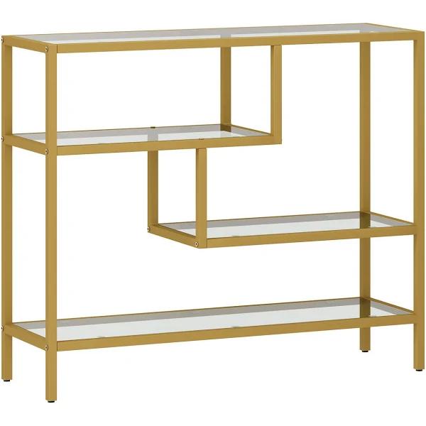 Oikiture 4 Shelves Console Table Tempered Glass Sofa Table Hall Side Entry Gold