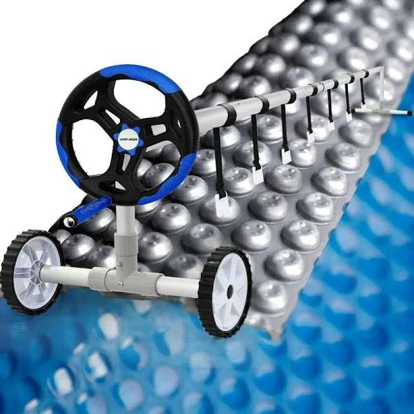 AURELAQUA Pool Cover Roller and 10x4m Solar Blanket 400 Micron Blue/Silver