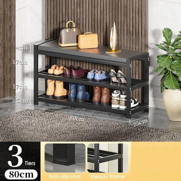 3 Tiers 80cm Width Sturdy Steel Multi Layer Shoe Rack with Bench Entryway Shoe Storage Organizer