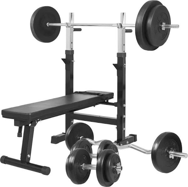 Gorilla Sports Adjustable Weight Bench With 100kg Barbell / Dumbbell Set - Black