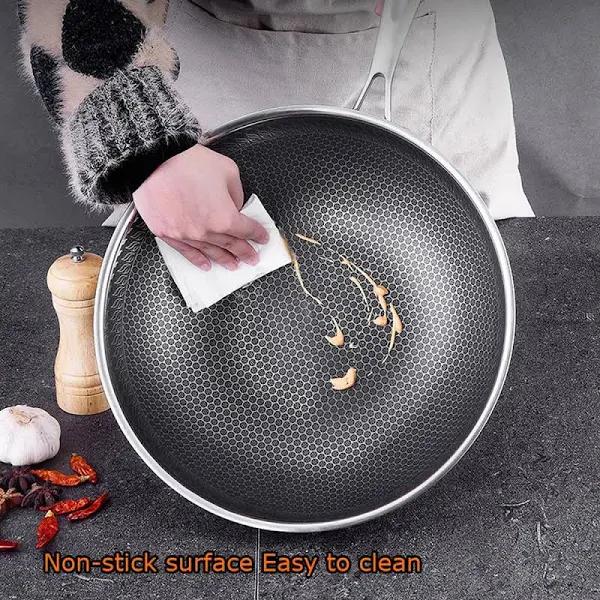 Danoz Direct - 34cm 304 Stainless Steel Non-stick Stir Fry Cooking Kitchen Wok Pan Without Lid Honeycomb Double Sided