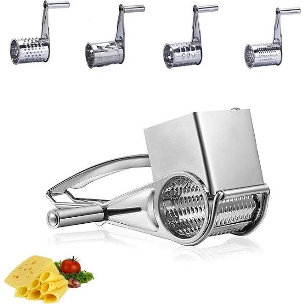 Rotary Cheese Grater 430 Stainless Steel Vegetable Shredder Cutter Grinder with 4 Drum Blades 4 in 1 (Silver) - AfterPay & zipPay Available