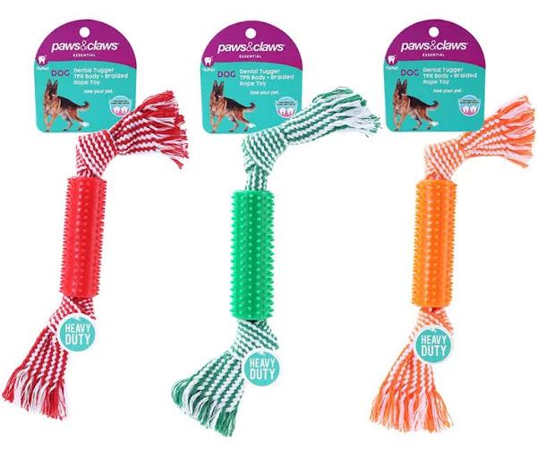 Paws and Claws Dental Tugger Dog/Pet Toy TPR Body + Braided Rope Assorted 32cm