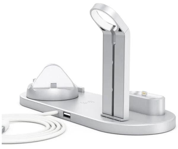 H04 3 in 1 Wireless Charger Rotatable Charging Dock Station For Apple Watch Airpods Micro USB Phone Type C Phone Silver