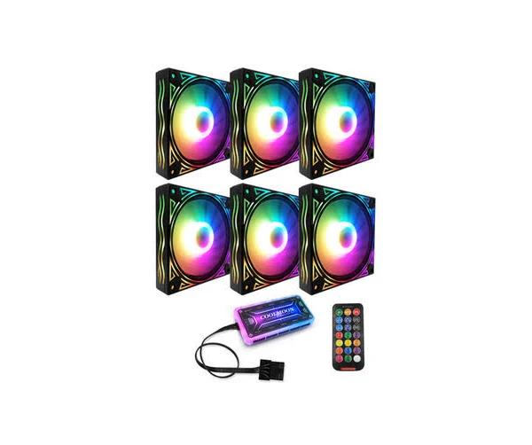 JunChang 6pcs 12cm Multilayer Backlit RGB CPU Cooling Fan Computer PC Case with The RF Wireless Remote Control