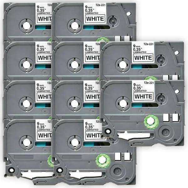 Compatible 10 x PTE550WVP Brother PT-E550WVP P-touch Tape 9mm Black Text On White Tape