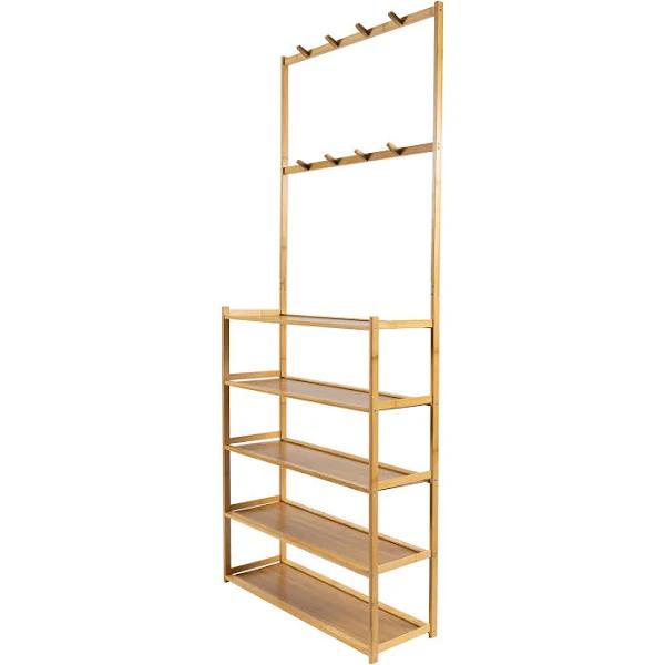 Large Wooden 5 Tiers Hat Coat Stand Clothes Shoe Rack Hanger Hooks Shelf Storage V63-840271