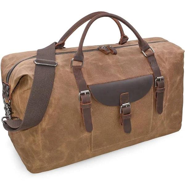 Oversized Travel Duffel Bag Waterproof Canvas Weekender Leather Overnight Hand Bag, Brown, Large, Classic