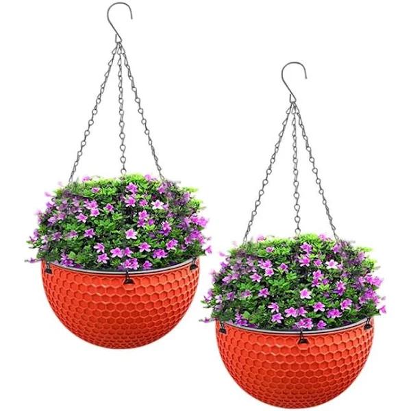 SOGA 2x Red Small Hanging Resin Flower Pot Self Watering Basket Planter Outdoor Garden Decor