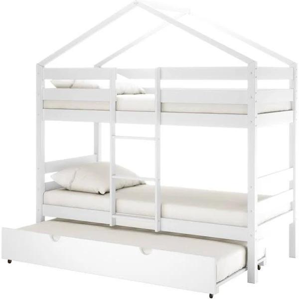 Andrus Solid Pine House Bunk Bed with Narell Trundle - White