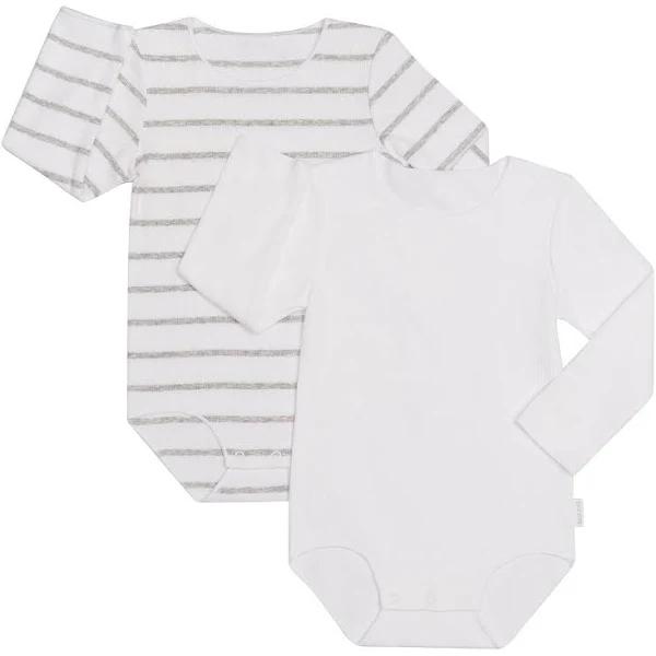 Bonds Rib Long Sleeve Bodysuit 2 Pack - White & Grey Stripe & White