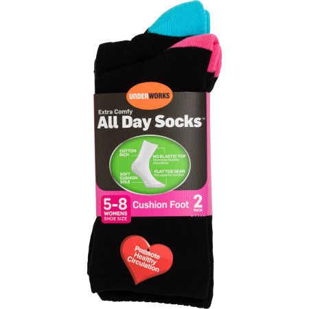 Underworks Womens All Day Cushion Foot Socks Black Size 5-8 2 Pack