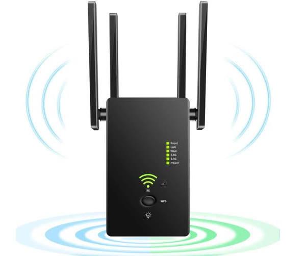 Wifi Extender Wireless Signal Booster, 1200Mbps Wifi Repeater Dual Band 2.4G and 5G with 4 Advanced Antennas, Long Range Up to 2500 ft Wifi Range