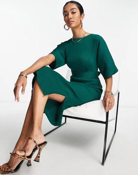 Closet London Ribbed Pencil Dress with Tie Belt in Emerald Green