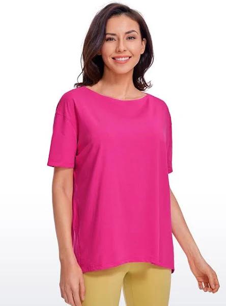 CRZ Yoga Women's Yoga Loose Fit Pima Cotton Short Sleeves Boat Neck Granita Pink / XL