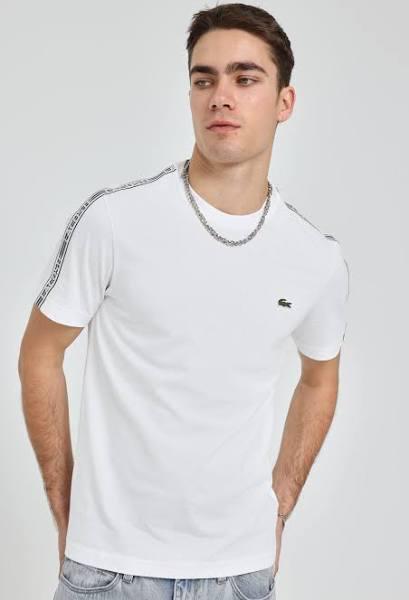 Official Lacoste Logo Tape Jersey Tee in White at ShoeGrab 2XL