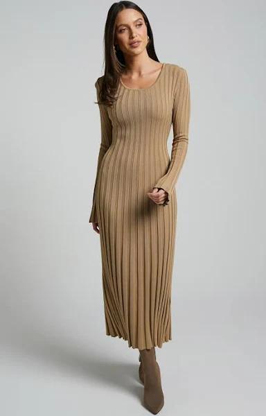 Blaire Midi Dress - Long Sleeve Tie Back Flare Dress in Roasted Cashew - Showpo A Line Dresses | European Summer Outfit