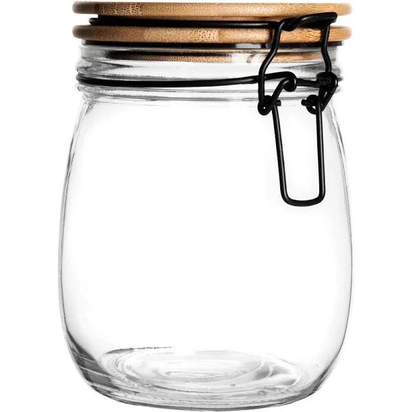 Argon Tableware Airtight Storage Jar With Wooden Lid - Round Scandinavian Style Glass Canister - Black Seal - 750ml