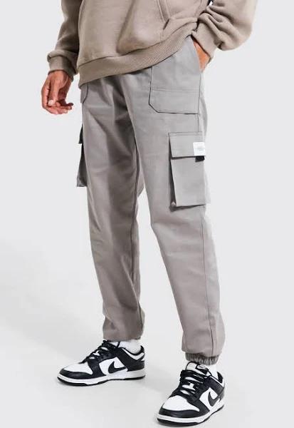 Mens Grey Tall Twill Belt Front Cargo Joggers With Tab