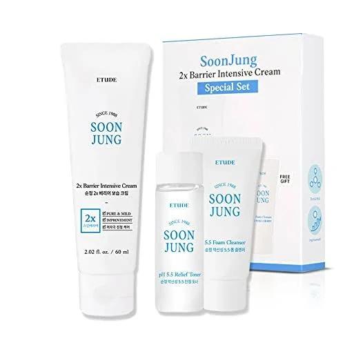 Etude House SoonJung 2x Barrier Intense Cream Set | 2x Barrier Intensive Cream 2.02fl.oz + Ph 5.5 Relief Toner 0.85 fl.oz. + Foam Cleanser 0.68