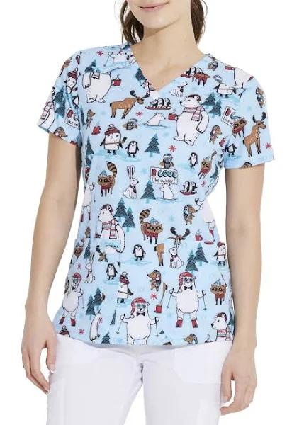 Dickies EDS Wild About Winter Women's 2-Pocket Stretch V-Neck Print Scrub Top | Size 3x