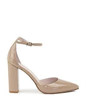 David Jones Edward Meller Glam100 Block Heel Dorsay Pump in Nude Patent, Size 39.5 EU