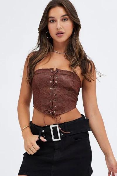 Ally Fashion Brown Corset Top with Lace Sleeveless - Size 12, Women's Top