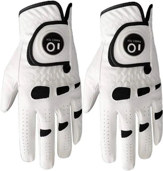 Finger Ten Men's Golf Glove Left Hand Right With Ball Marker Value 2 Pack, WeatherSof Grip Soft Comfortable, Fit Size Small Medium ml Large XL