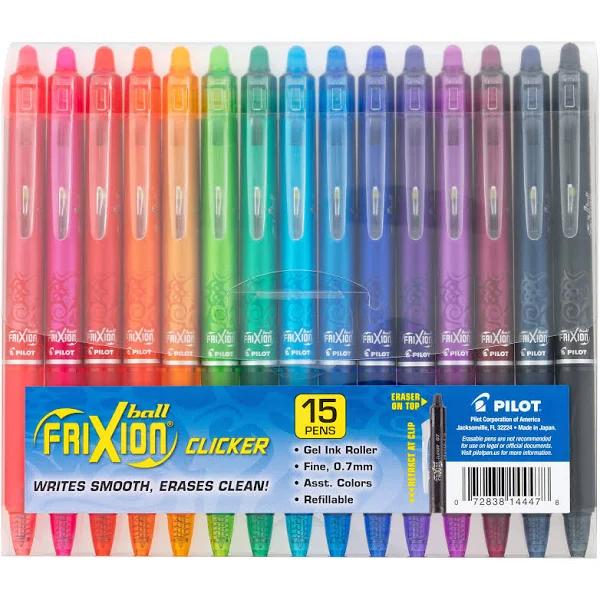 Pilot, Frixion Clicker Erasable Gel Pens, Fine Point 0.7 mm, Pack of 15, Assorted Colors