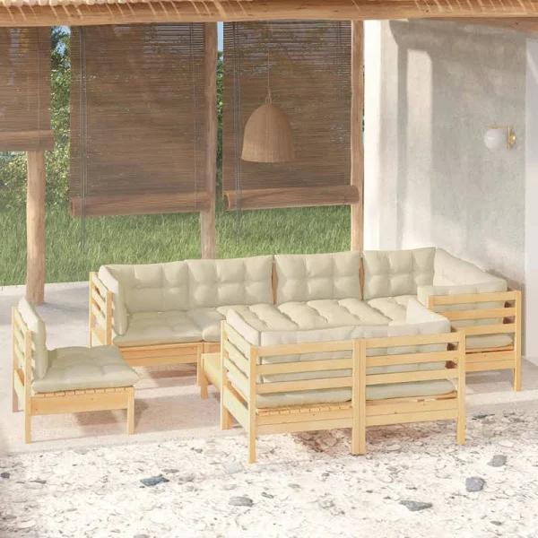 vidaXL 9 Piece Garden Lounge Set with Cream Cushions Solid Pinewood