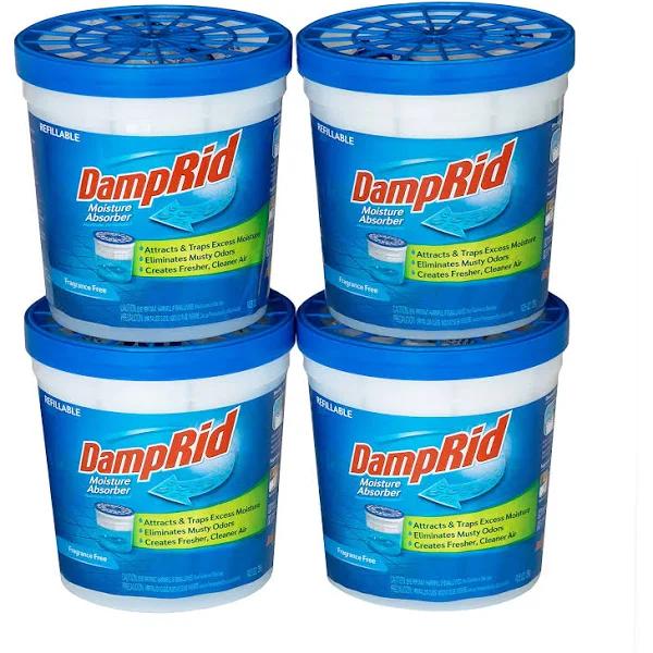 DampRid Refillable Moisture Absorber, 10.5 oz. Cups, 4 Pack, Fragrance Free, Traps Moisture For Fresher, Cleaner Air, No Electricity Required, Lasts