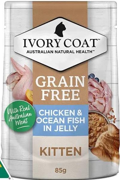 48 x 85g Ivory Coat Grain Free Chicken & O Fish Kitten Pouch Wet Food