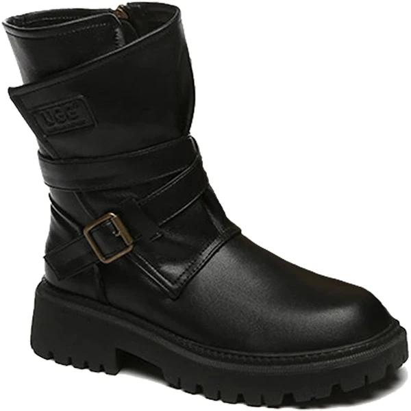 UGG Australian Shepherd Women Leather Zipper Block Heel Black Boots Jamie-Black-39