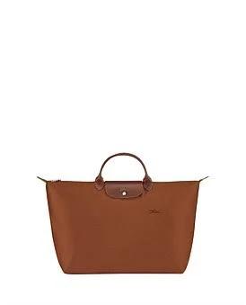 Longchamp Le Pliage Green Small Travel Top Handle Bag in Cognac