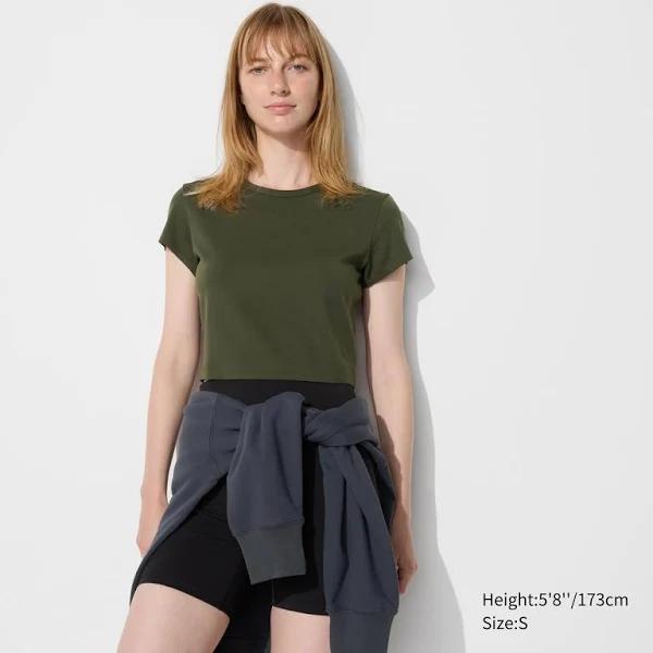 Uniqlo Airism Ultra Stretch Cropped Petite T-Shirt - Dark Green Size XS