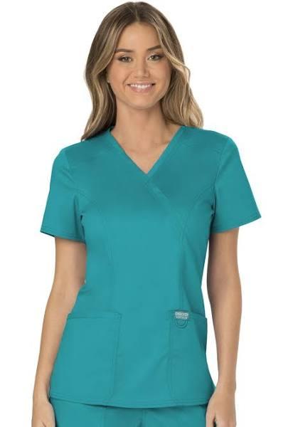 Cherokee Workwear Revolution Mock Wrap Scrub Top - XS - Teal